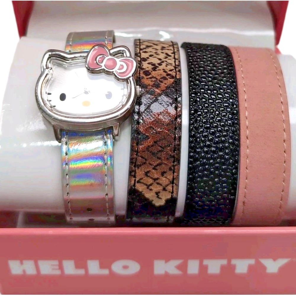 Sanrio Hello Kitty Watch HKAQ5113 Face Shape Pink Bow Interchangeable Bands Box